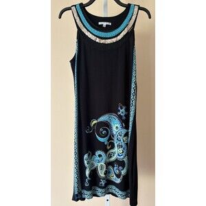 Women Studio One Shift dress size 10 sleeveless black teal Embellished Collar